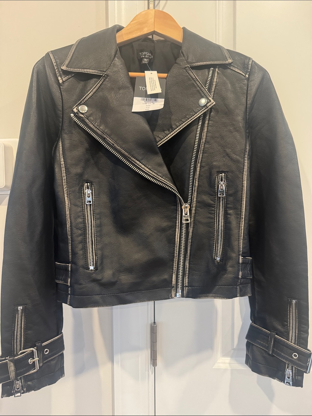 Topshop Black Faux Leather Moto Jacket with Silver Hardware